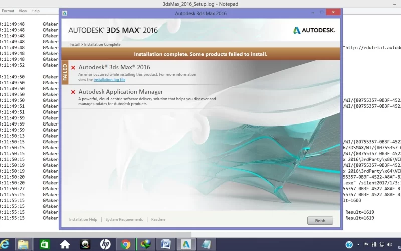 Install Autodesk 3dsmax 2016 failed installation aborted result1603