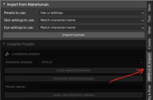 Importar interfaz de usuario MPFB para Blender de Makehuman