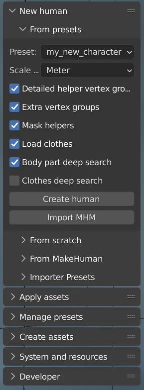 MPFB addon para Blender de Makehuman - La interfaz de MPFB