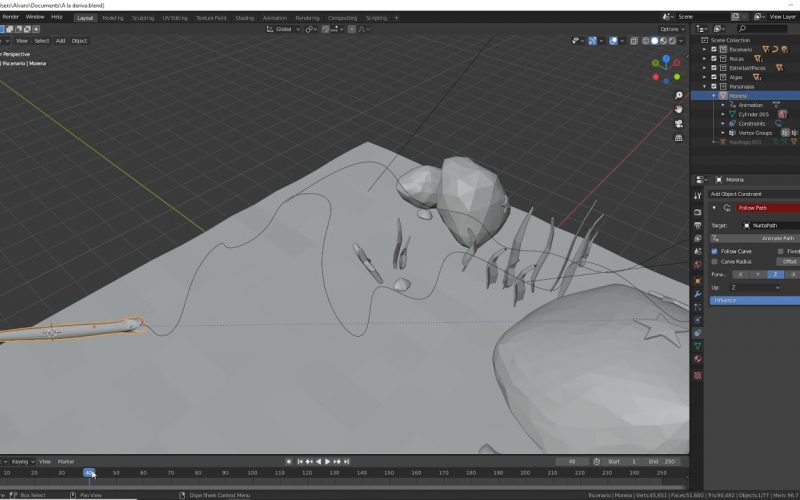 Animar serpiente Follow Path en Blender, Un usuario del foro pregunta cómo hacer esta animación. La restricción Follow Path coloca al objeto.