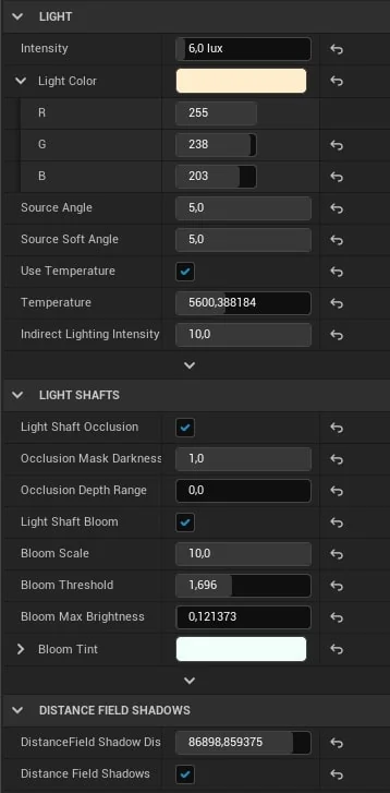 parámetros configurados en la iluminación y el renderizado