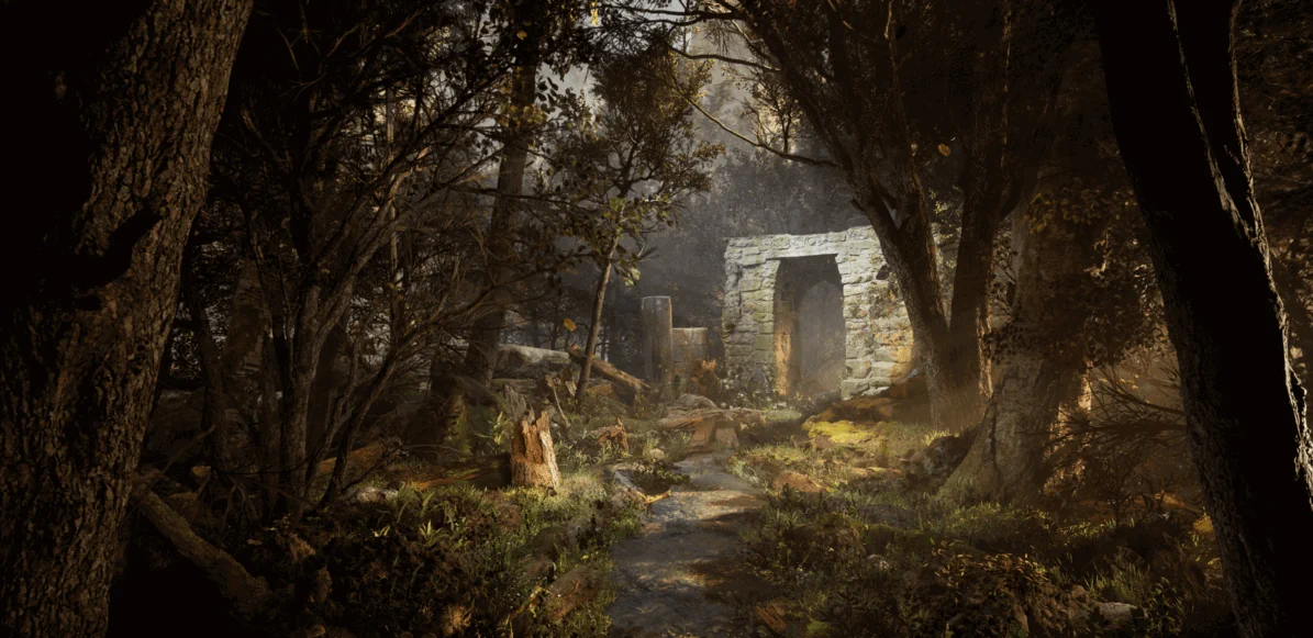 Composición e iluminación para la escena creando ruinas en el bosque