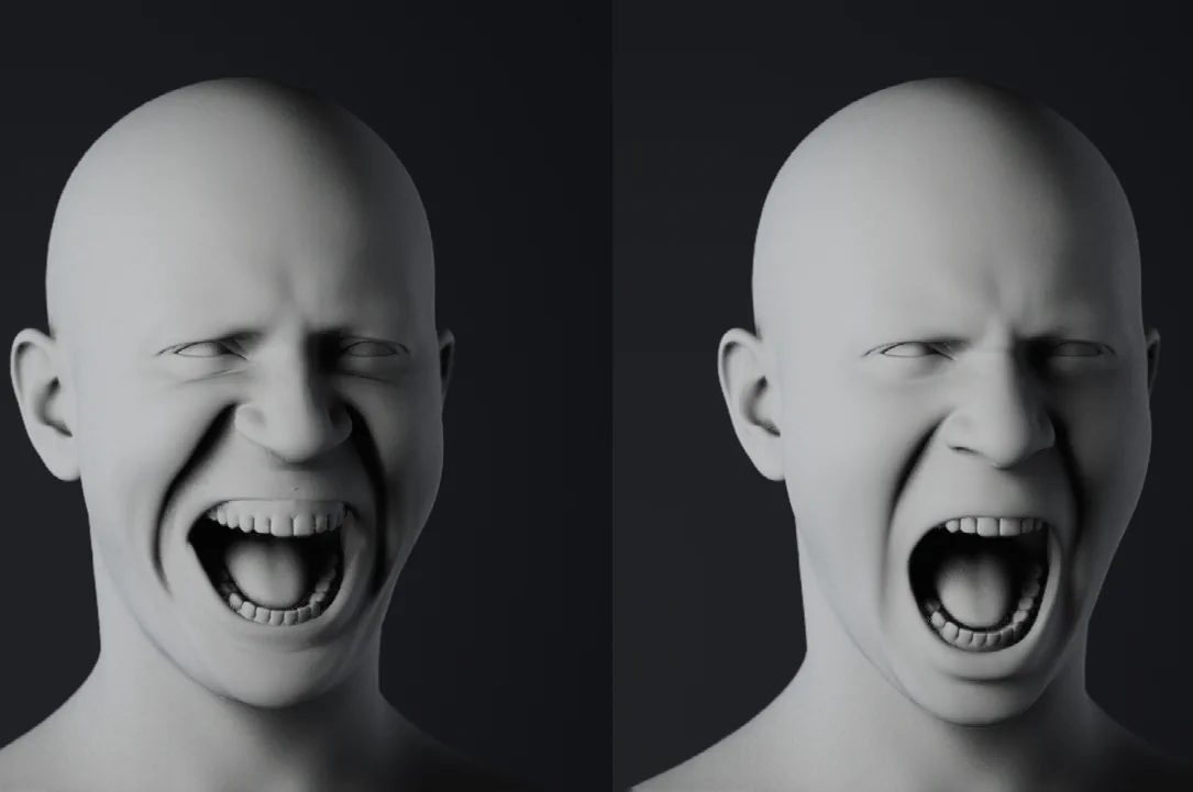 Posturas faciales antes (izquierda) y después (derecha) de la aplicación de expresiones correctivas a una combinación específica de expresiones básicas.