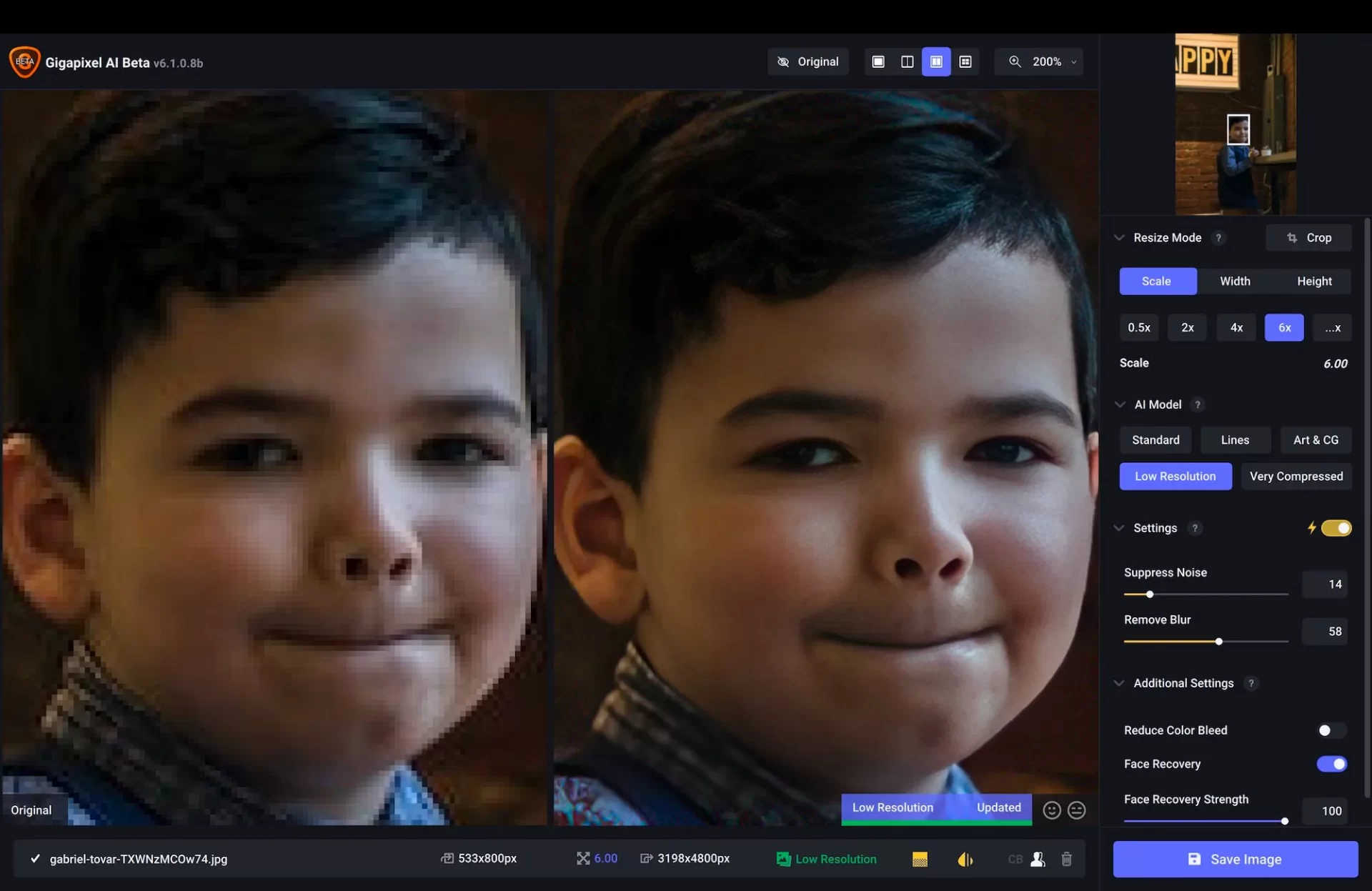 Recuperación facial fotográfica con Gigapixel AI 6.1 mejorando la cara