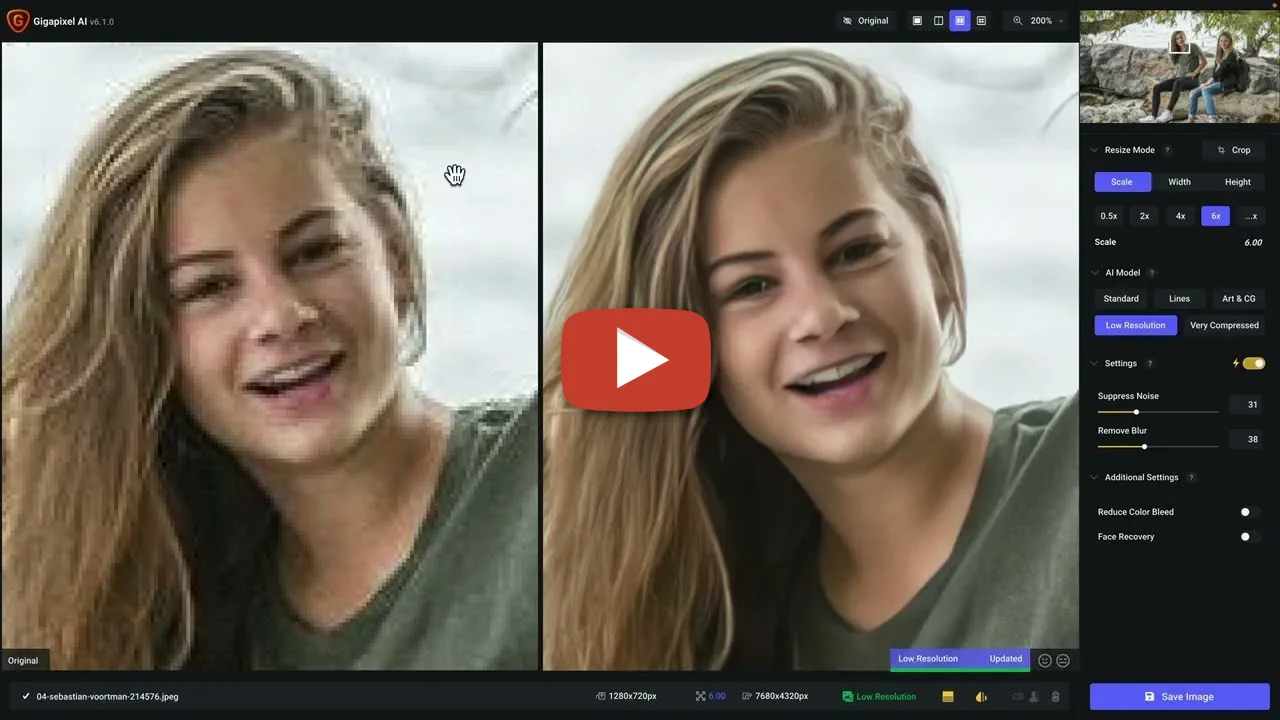 Recuperación facial fotográfica con Gigapixel AI 6.1 - video en YouTube