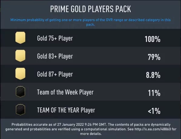 Las probabilidades informadas de un paquete promocional Jumbo Rare Players y un paquete Prime Gold Players
