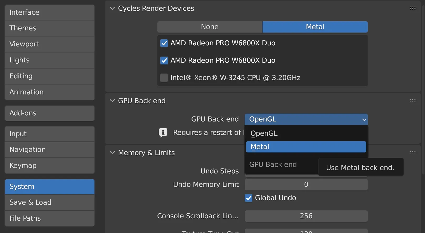 Blender 3.5 con interfaz gráfica Metal para macOS